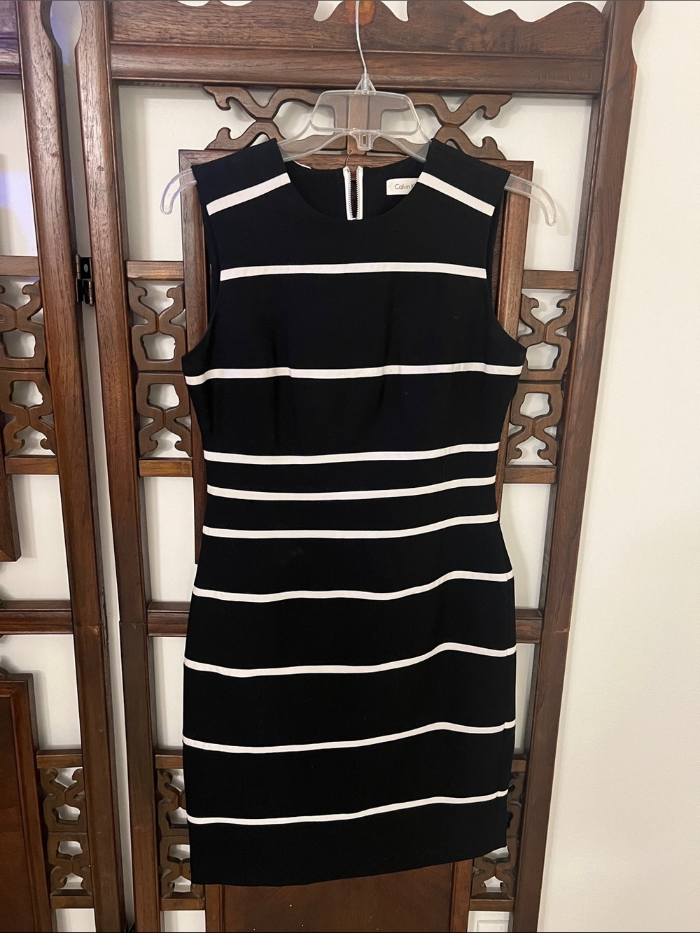 Calvin Klein Black and White Striped Sleeveless Sheath Dress